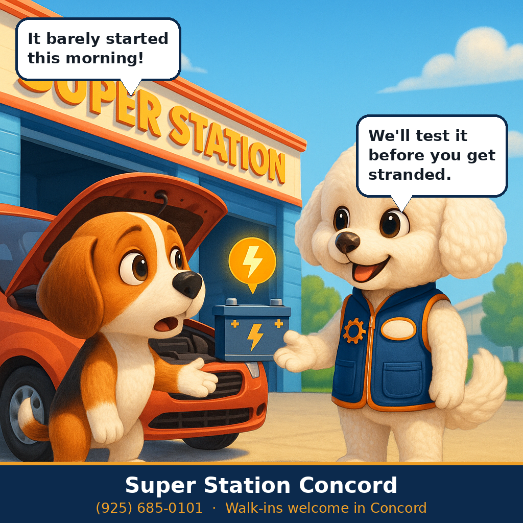 Technician testing a car battery at Super Station Concord